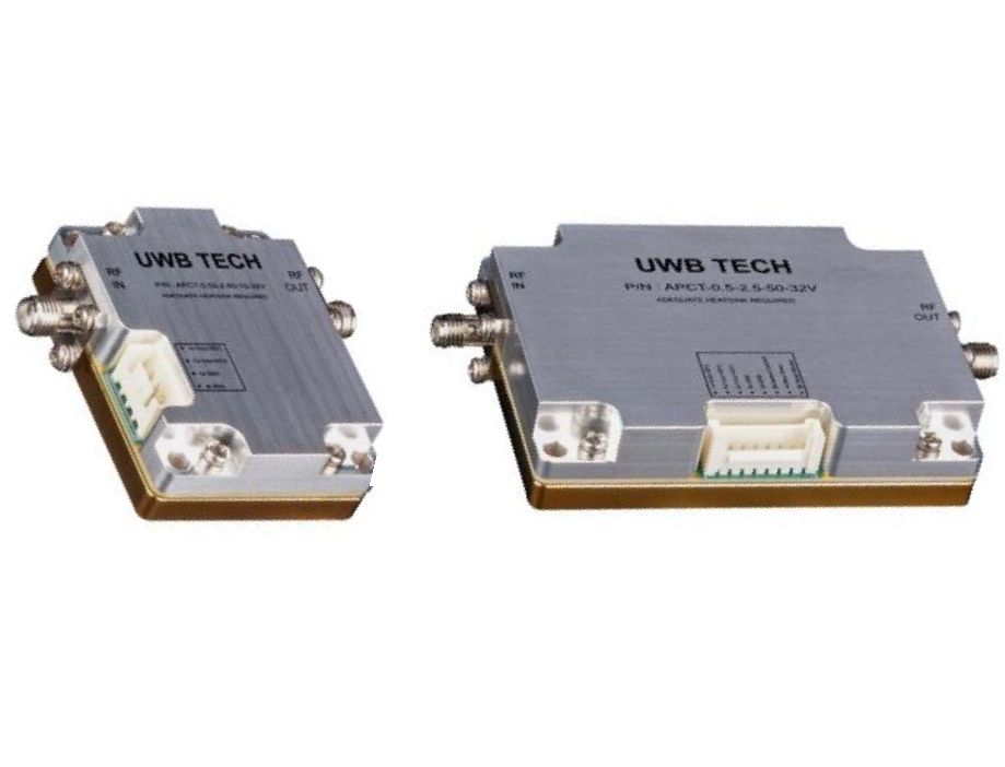 UWBTECH Model Number APCT-0.86-0.90-50-32V is a Gallium Nitride Narrowband Power Amplifier, operation from 860 MHz to 900 MHz.